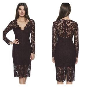 Bardot Floral Lace Long Sleeve Midi Dress Plunge Neckline in Wine size Small NWT